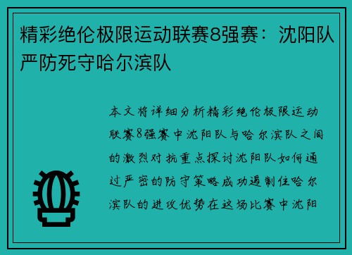 精彩绝伦极限运动联赛8强赛：沈阳队严防死守哈尔滨队